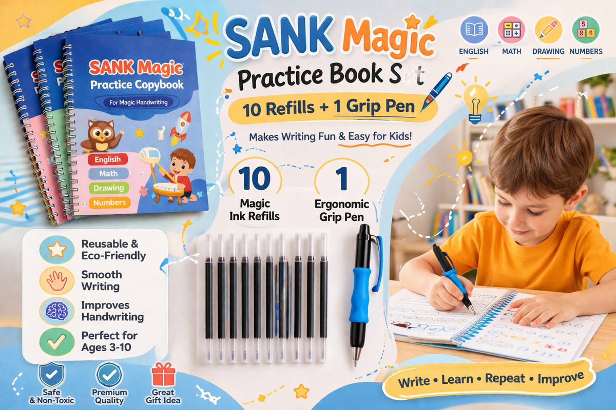✨ SANK Magic Practice Book Set – 10 Refills + 1 Grip Pen 🖊️📘