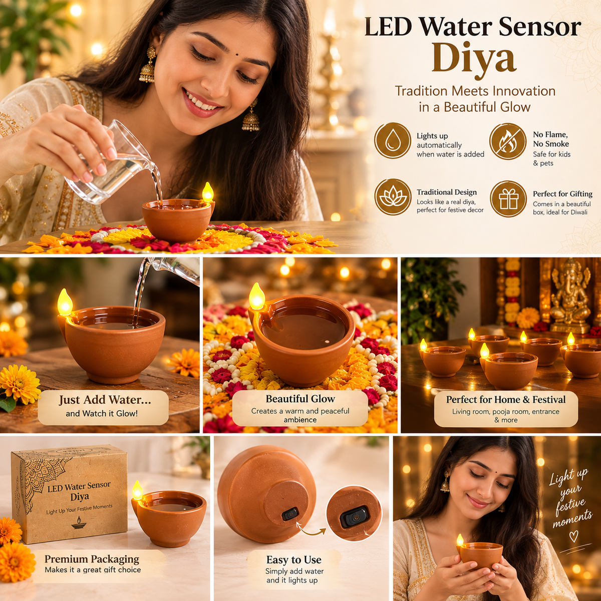 Water Sensor LED Diya – Automatic Glow Festive Decoration (Pack of 6, 12 & 24) ✨