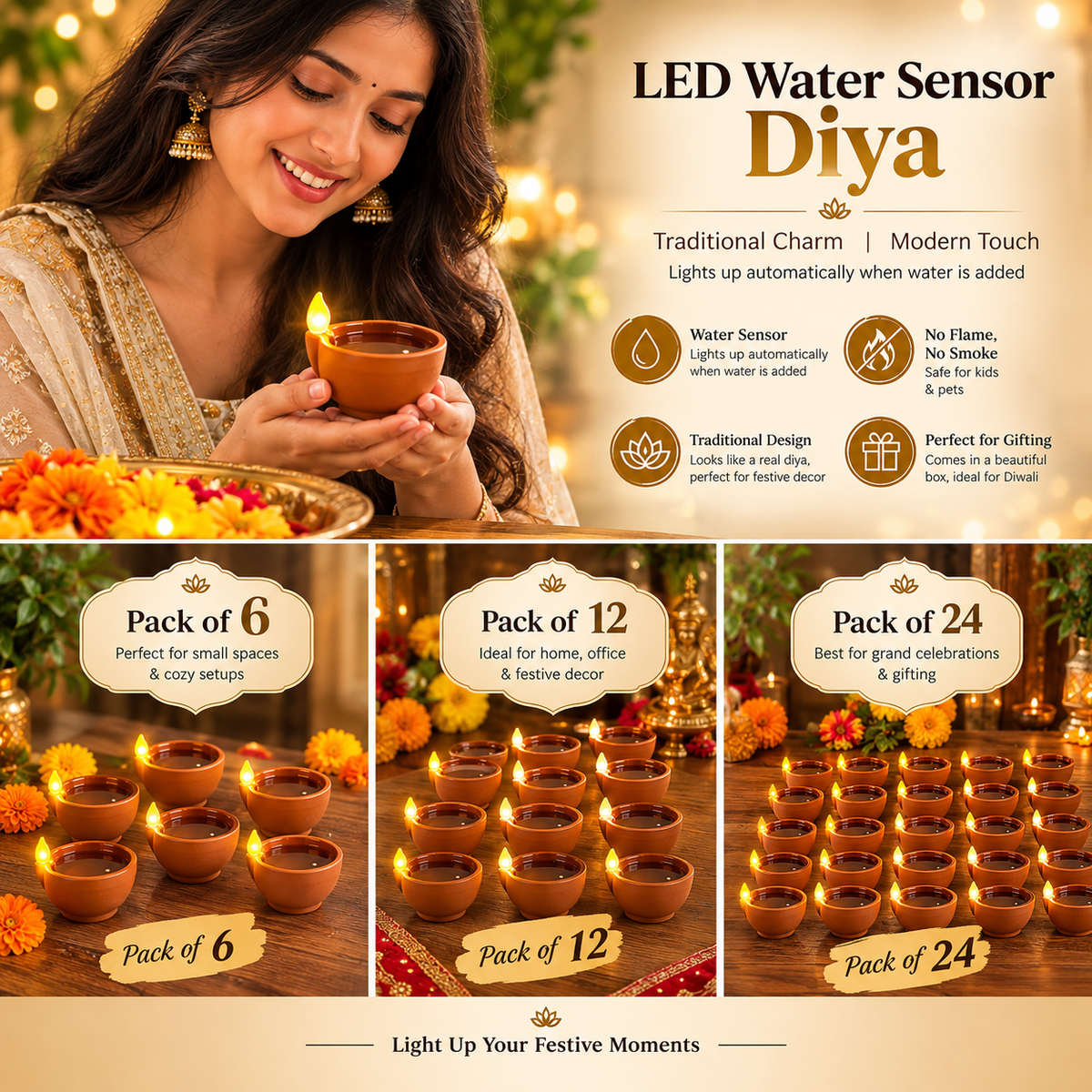 Water Sensor LED Diya – Automatic Glow Festive Decoration (Pack of 6, 12 & 24) ✨