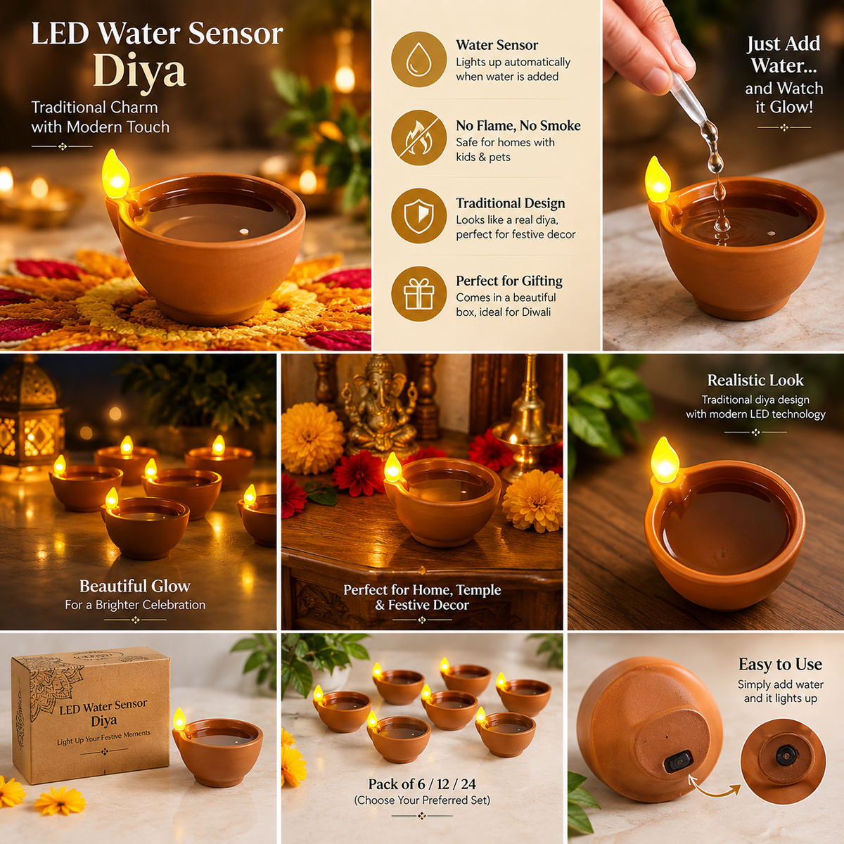 Water Sensor LED Diya – Automatic Glow Festive Decoration (Pack of 6, 12 & 24) ✨